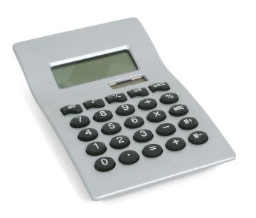Калькулятор настольный серебристый, обратная сторона прозрачная синяя, металл и пластик