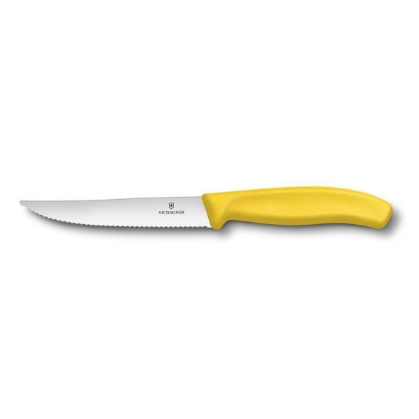 Нож Victorinox для стейка и пиццы, желтая ручка, волнистое лезвие, 12 см