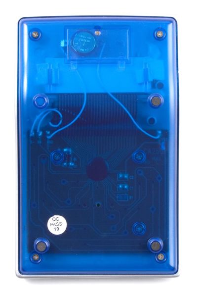 Калькулятор настольный серебристый, обратная сторона прозрачная синяя, металл и пластик